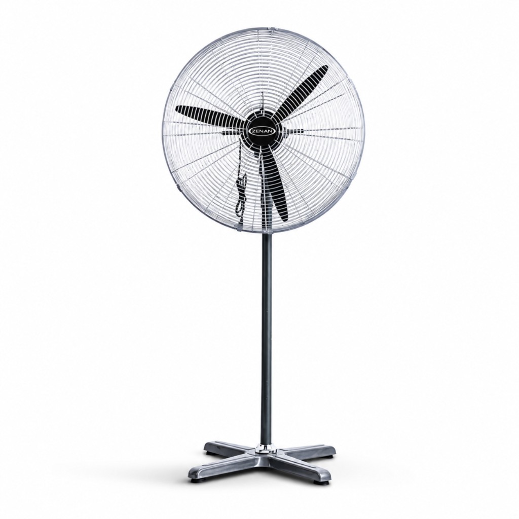 Industrial stand fan with metal grill, pole, and cross base