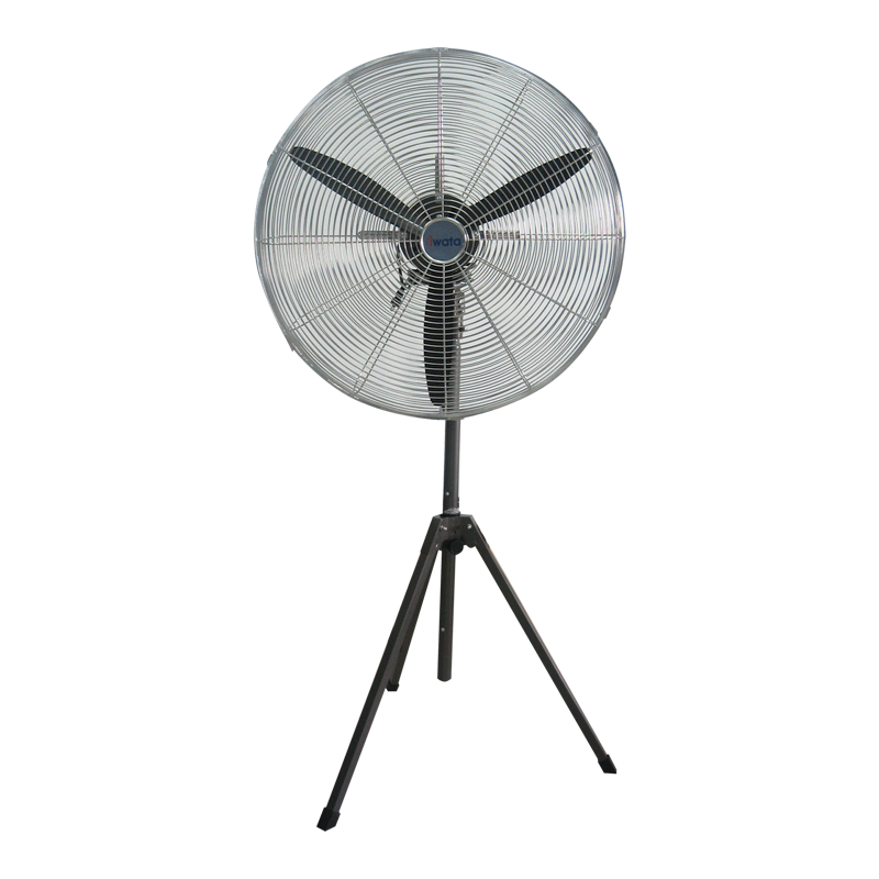Industrial tripod fan with metal grill, adjustable pole, and three-leg base