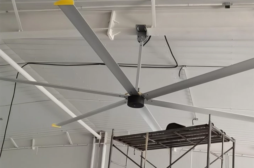 HVLS ceiling fan installed in an industrial warehouse facility