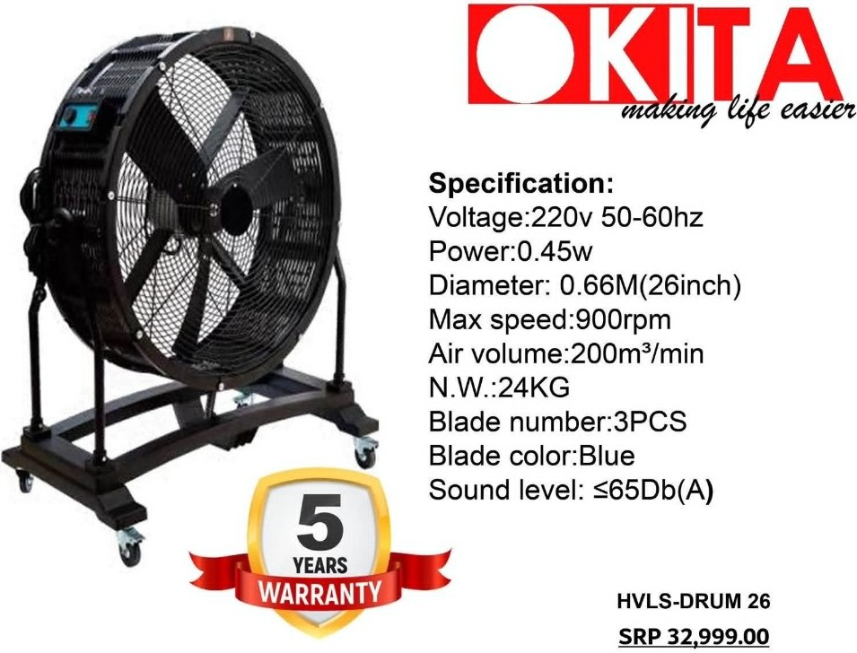 OKITA HVLS-DRUM 26 portable drum fan product flyer