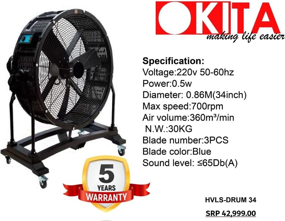 OKITA HVLS-DRUM 34 portable drum fan product flyer